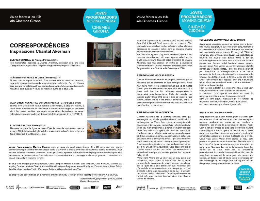 Full de mà "Correspondències. Inspiracions Chantal Akerman"